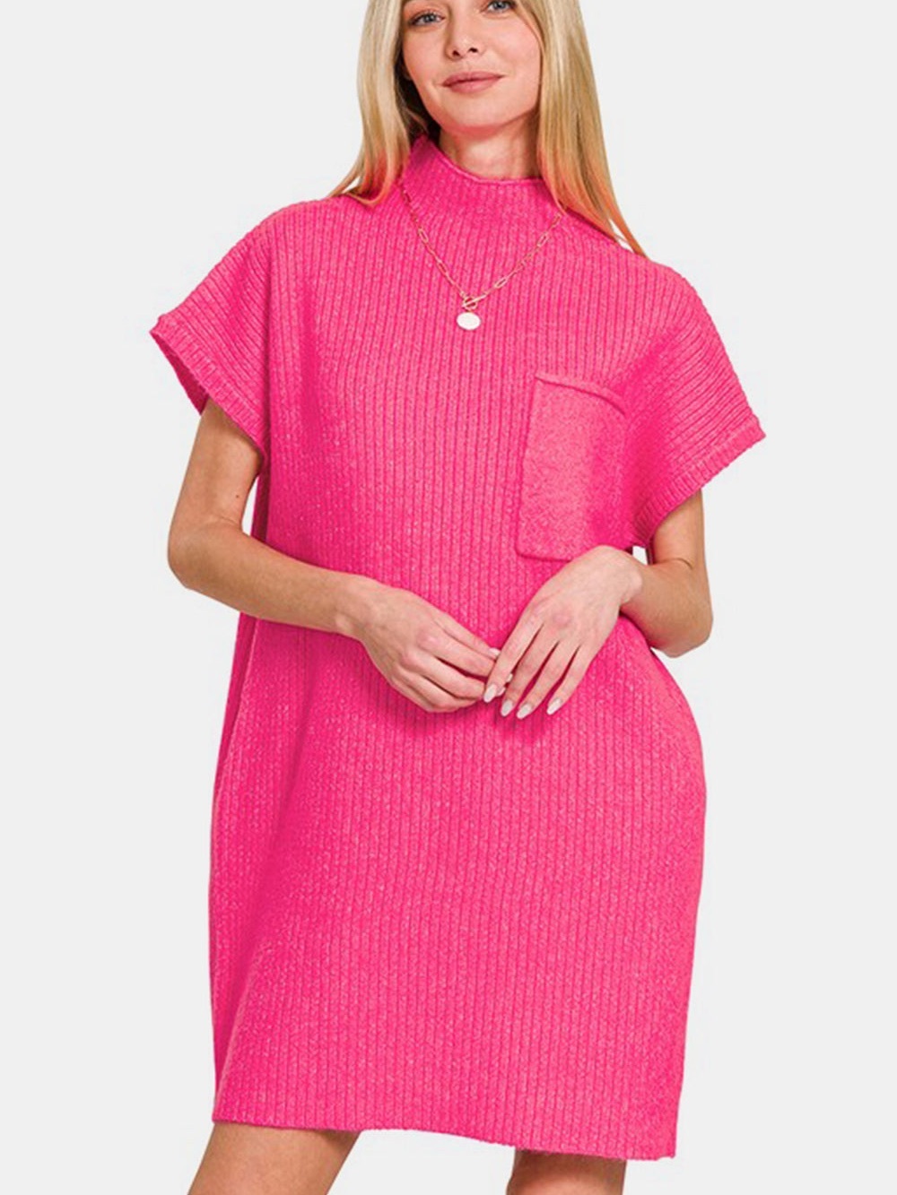 Zenana Outfitters Hot Pink Sweater Knit Dress with Patch Pocket